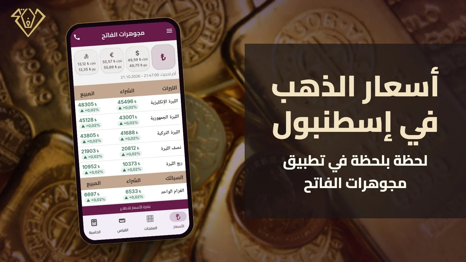 أسعار الذهب في إسطنبول لحظة بلحظة: شاشة نشرة الأسعار في تطبيق مجوهرات الفاتح على خلفية سبائك وليرات ذهبية