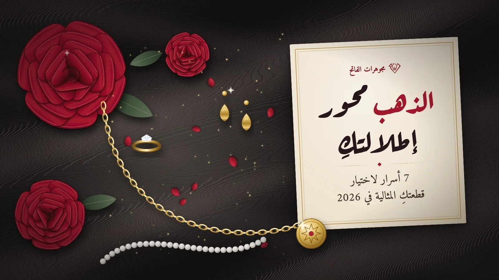 الذهب محور إطلالتكِ: ورود حمراء وعقد ذهب وأقراط على حرير أسود - مجوهرات الفاتح